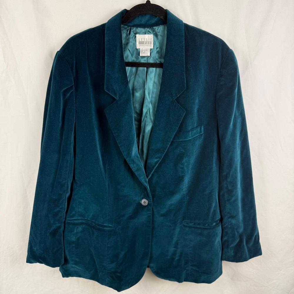 Vintage Leslie Fay Green Teal Velvet Blazer 16 Long Jewel Tone Career Pockets